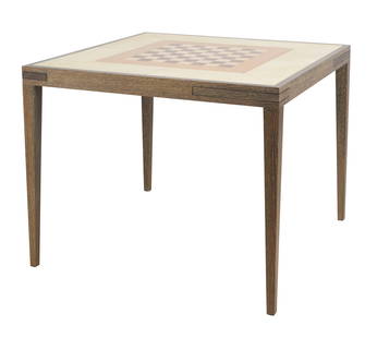 Mattaliano for Holly Hunt: Game Table: late 20th century; cerused oak, parchment, leather; the removable checkerboard lifting to reveal a backgammon board, each corner with sliding cupholder 28 3/4 x 36 1/4 x 36 1/4 in. (73 x 92.1 x 92.1 c