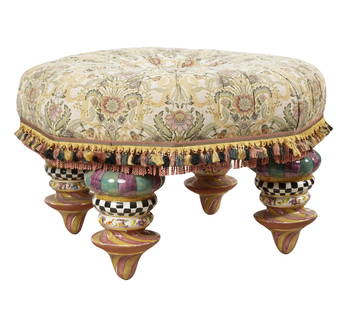 MacKenzie-Childs On Wall Street Tuffet Ottoman: 1993; covered with satin jacquard, on majolica feet; hand-signed and dated to underside 20 1/2 x 33 1/2 in. (52.1 x 85.1 cm.)