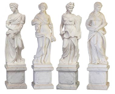 Set of Carved Marble Garden Statues of the Four Seasons: unsigned; each resting on a marble pedestal Each overall approximately: 79 x 22 x 16 in. (200.7 x 55.9 x 40.6 cm.), The bases: 20 in. (50.8 cm.) high