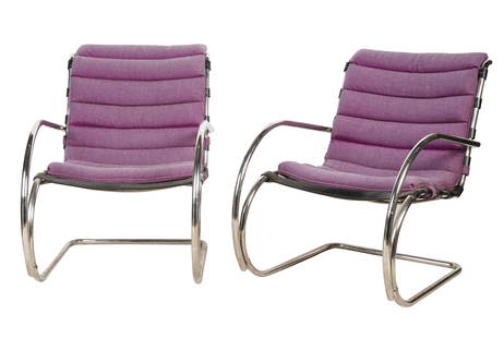 Mies van der Rohe for Knoll: Pair of MR20 Chairs: c. 1985, USA; chrome-plated steel, purple fabric, black leather; Knoll International paper label stamped "Mar 8 1985" to underside 33 1/2 x 25 x 37 1/2 in. (85.1 x 63.5 x 95.3 cm.), Seat height: 16 in