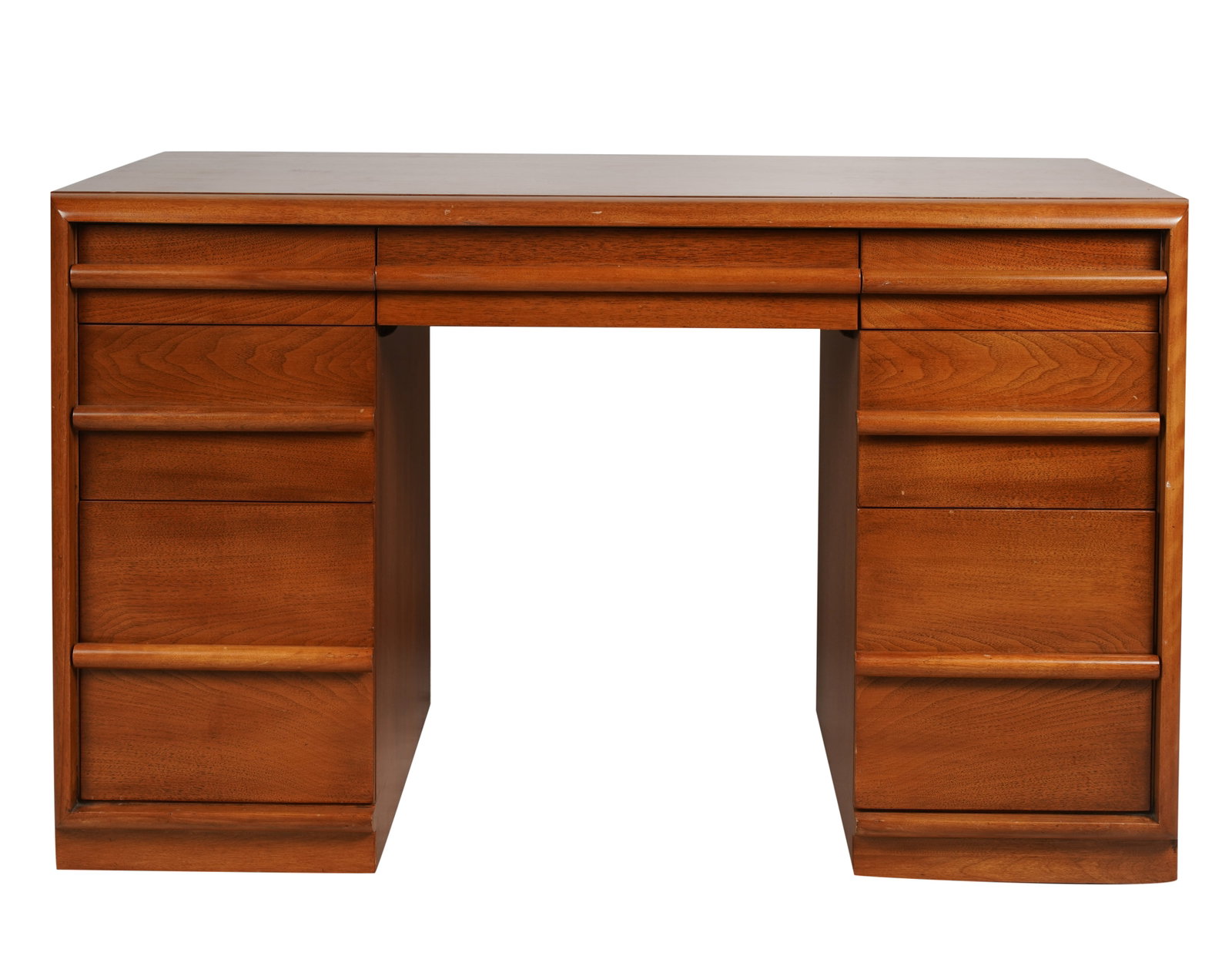 T. H. Robsjohn-Gibbings for Widdicomb: Desk: 1960s; walnut; with manufacturer's fabric label to central drawer 30 1/2 x 48 x 26 in. (77.5 x 121.9 x 66 cm.)