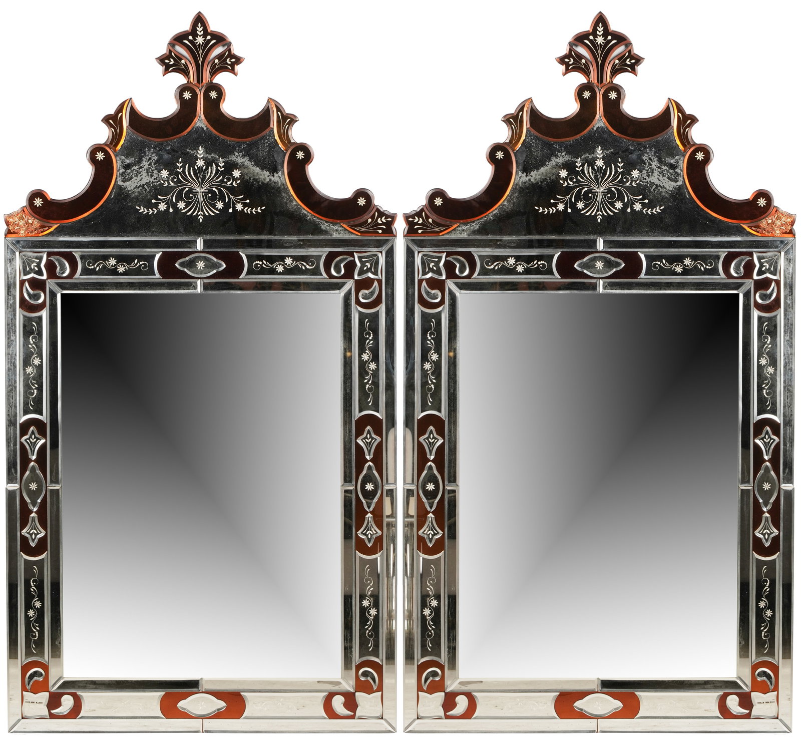 Pair of Venetian-Style Etched Clear and Colored Glass Wall Mirrors (1 of 9)