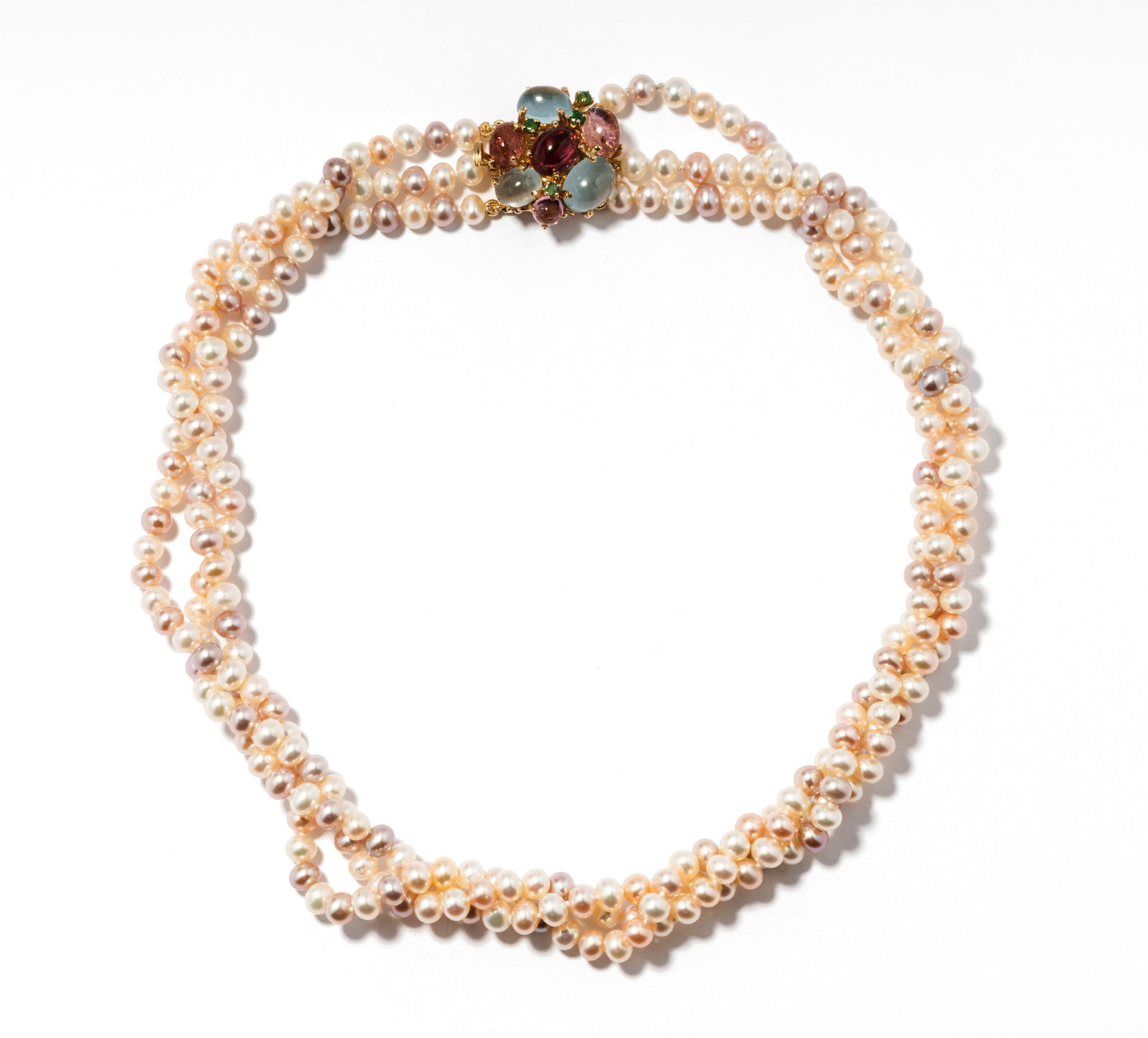 14 Karat Yellow Gold 3-Strand Pearl Necklace with Multi-Gem Set Clasp necklace (1 of 8)