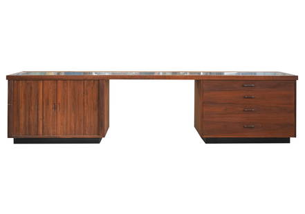 Mid-Century Modern Sideboard: rosewood veneer, black laminate 26 x 109 x 19 in. (66 x 276.9 x 48.3 cm.)