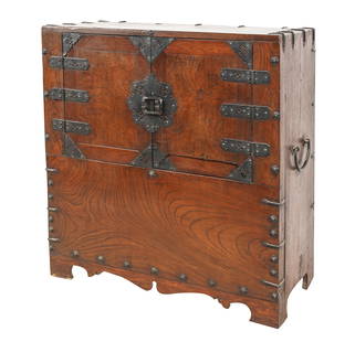 Korean Tansu Cabinet: the hinged doors open to reveal a divided interior 36 x 34 1/2 x 15 in. (91.4 x 87.6 x 38.1 cm.) Provenance: Property from the Estate of Russell H. Turner of Huntington Beach, California, an ISA-train