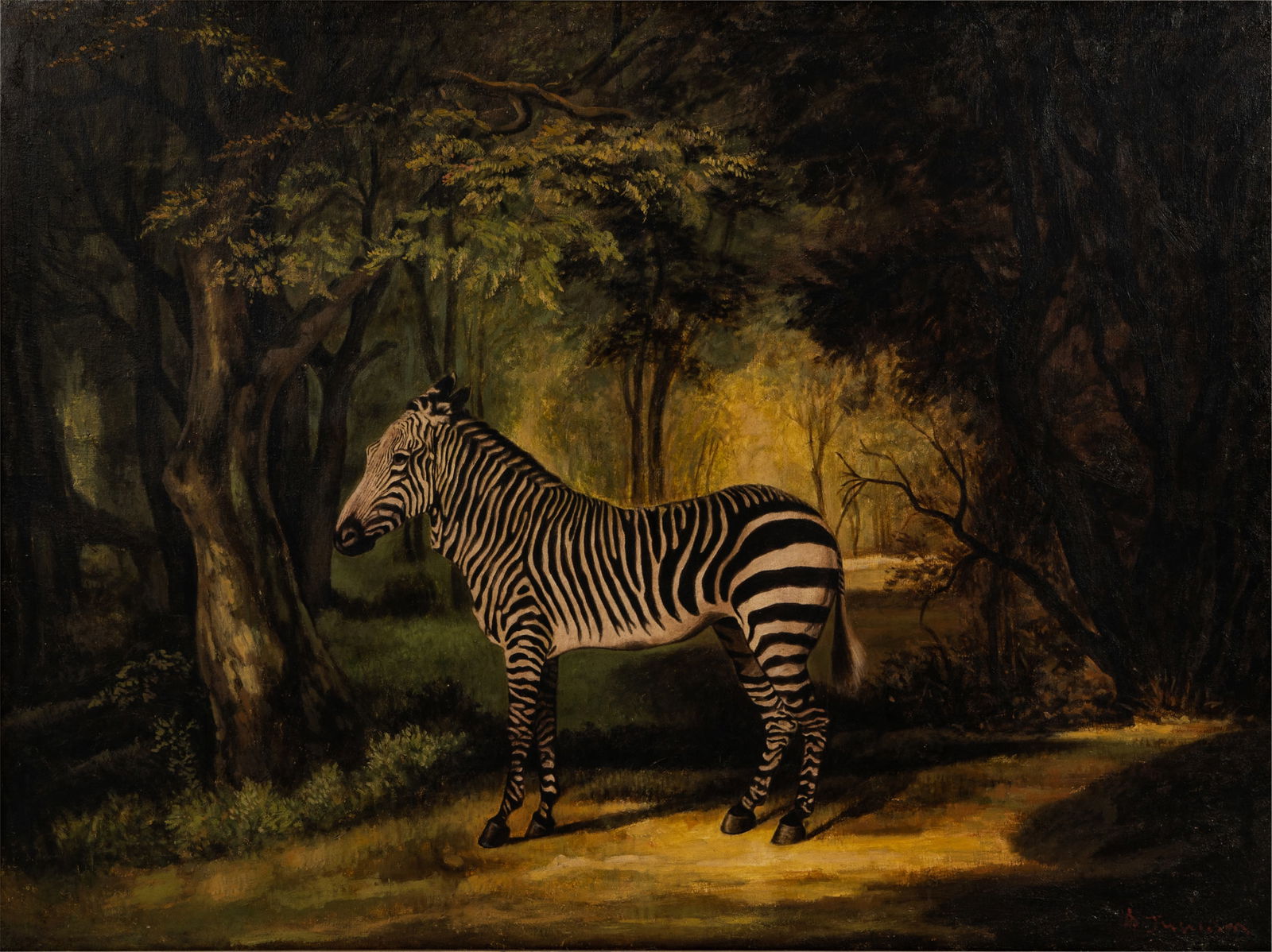 After George Stubbs (1724 - 1806): Zebra in Landscape: late 20th century; oil on board; signed illegibly lower right 48 x 36 in. (121.9 x 91.4 cm.), Frame: 54 1/2 x 42 1/2 in. (138.4 x 108 cm.)