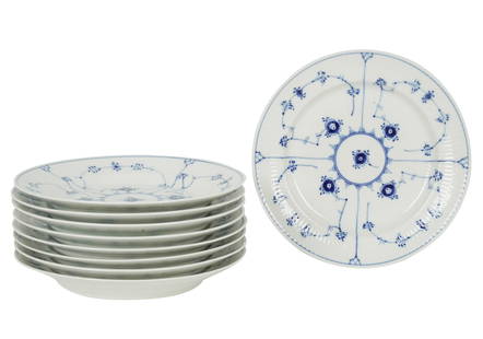 Nine Royal Copenhagen Dinner Plates: "Blue Fluted Plain" pattern; with painted and printed factory marks 9 in. dia. (22.9 cm.)