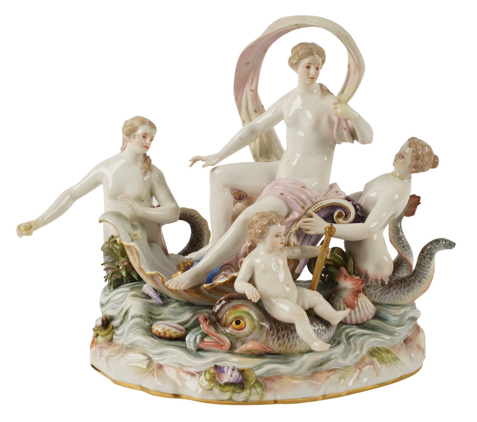Meissen Porcelain Allegorical Figural Group: The Water: with blue crossed swords mark and incised 'D 87' 9 1/2 x 11 x 7 in. (24.1 x 27.9 x 17.8 cm.)