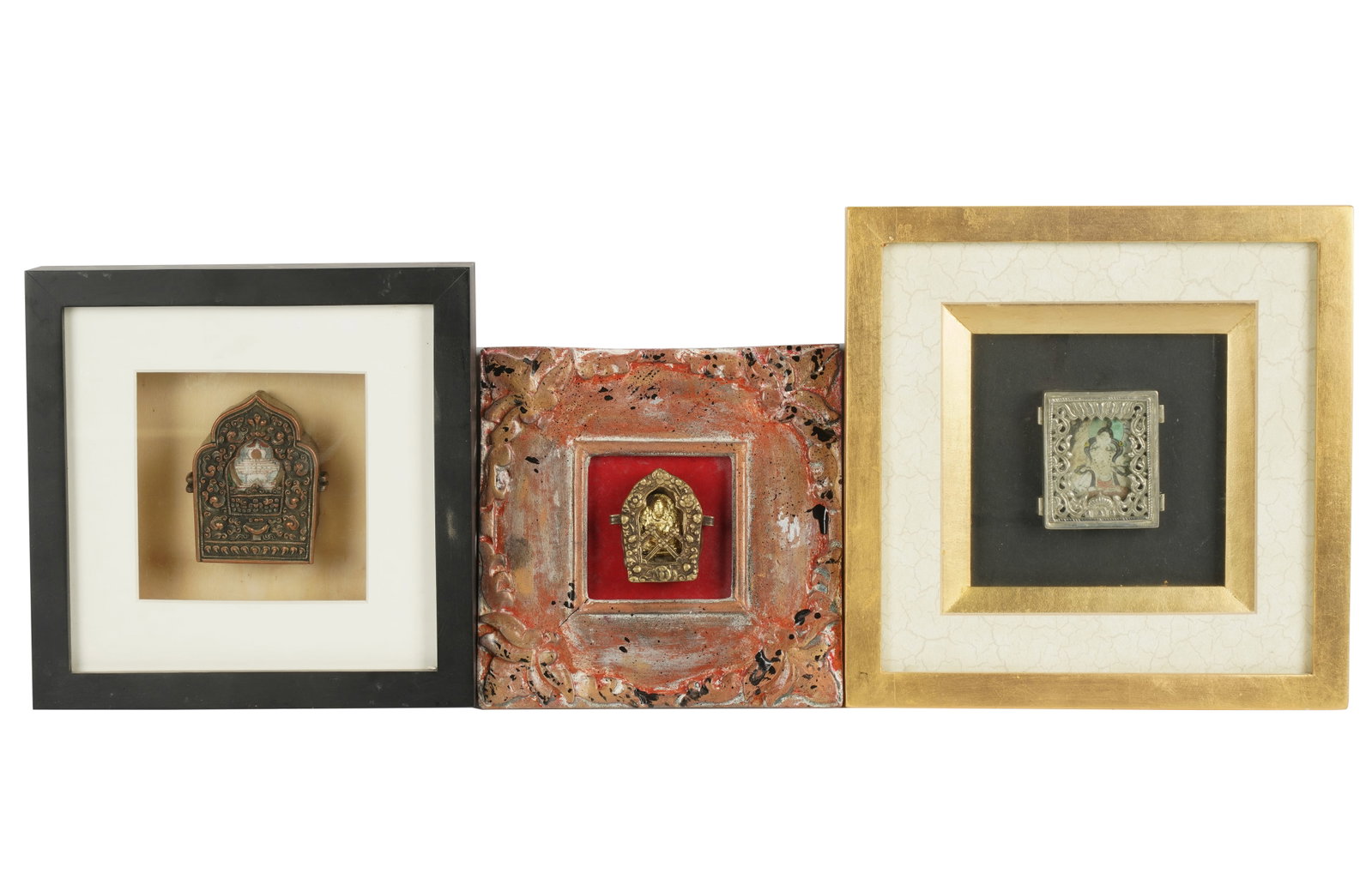Three Tibetan Gawu: two framed and the other mounted to board Ranging from 9 x 9 in. (22.9 x 22.9 cm.) to 6 1/2 x 6 1/2 in. (16.5 x 16.5 cm.) Provenance: Property from the Estate of Gordon F. Taylor, an employee of the S