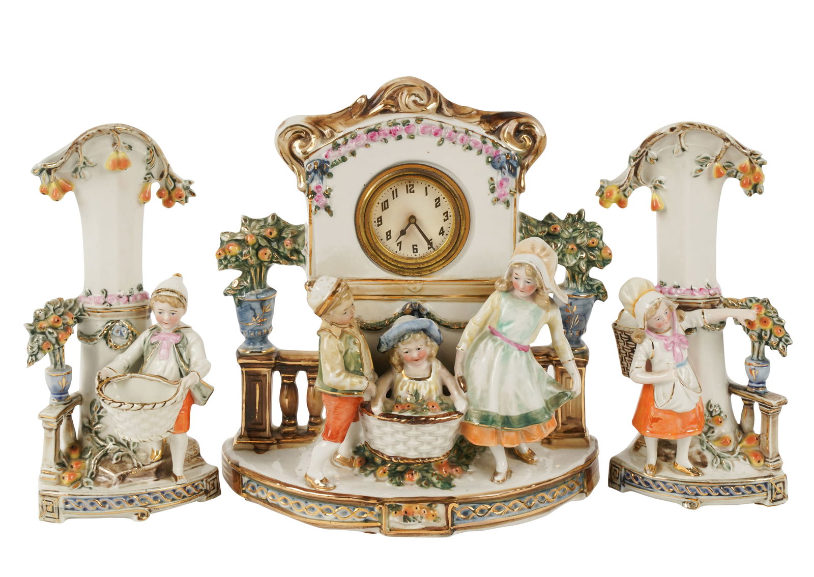 Three-Piece German Porcelain Clock Garniture Set (1 of 11)