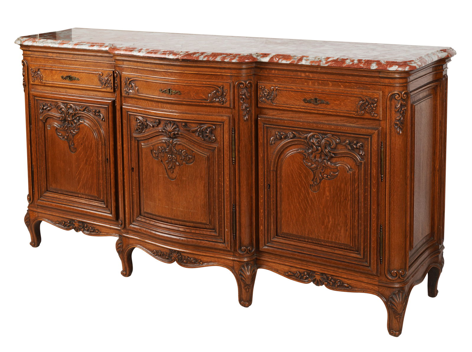 French Provincial-Style Marble-Top Carved Oak Buffet (1 of 11)