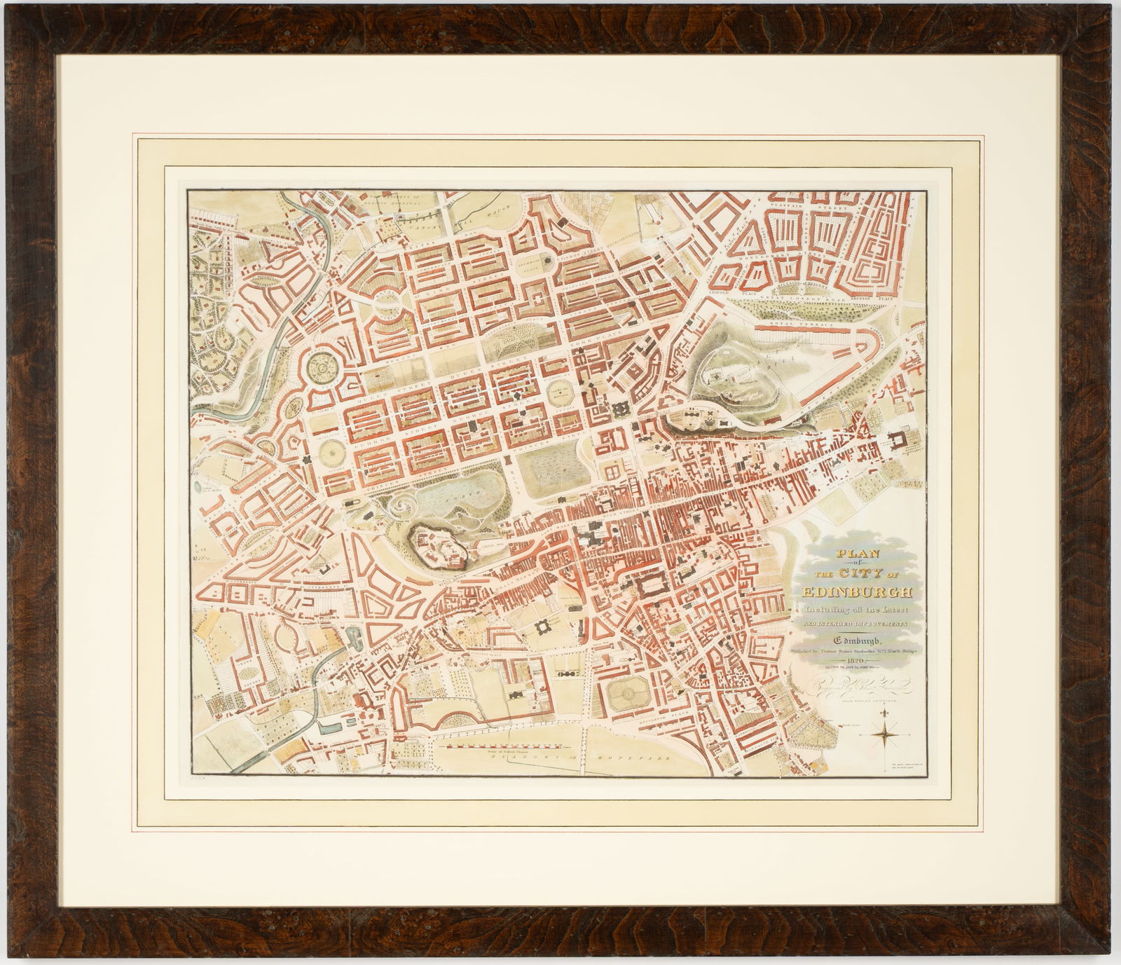Antique Map: Plan of the City of Edinburgh: lithograph and engraving; engraved by Charles Thomson, published by Thomas Brown Bookseller, Edinburgh, altered in 1823 by John Wood Image: 18 1/4 x 22 3/4 in. (46.4 x 57.8 cm.), Frame: 29 1/4 x 34 in