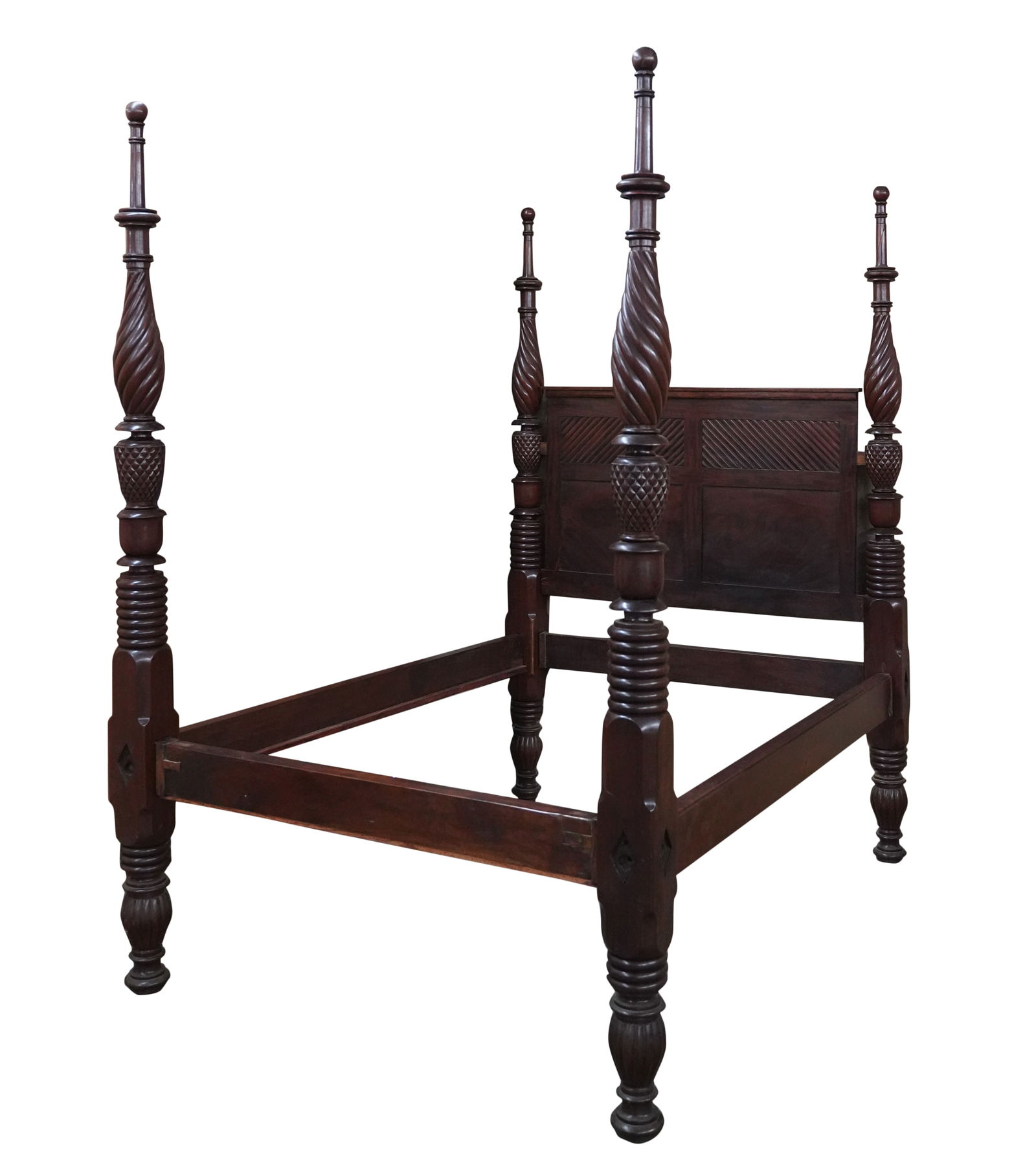 Carved Mahogany Four Poster Bed: appears to fit a custom-size mattress Overall: 94 x 61 x 85 in. (238.8 x 154.9 x 215.9 cm.), Interior: 50 x 79 in. (127 x 200.7 cm.)