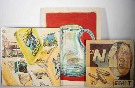 Various Artists (20th Century);Three Works: the first: pitcher, oil on canvas, unframed, 2001, signed illegibly and dated to verso (40 x 30 1/4 in.); the second: Bill Barminski (B. 1962): abstract, mixed media on canvas, unframed, signed verso