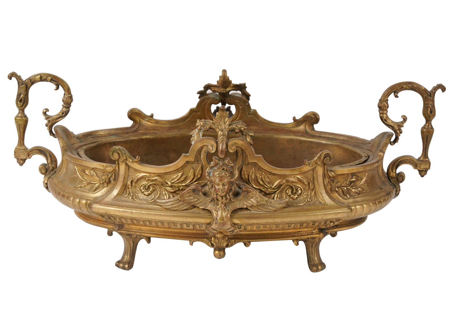 French Gilt Bronze Centerpiece Bowl: unsigned; with removable liner 8 x 21 x 11 1/2 in. (20.3 x 53.3 x 29.2 cm.)