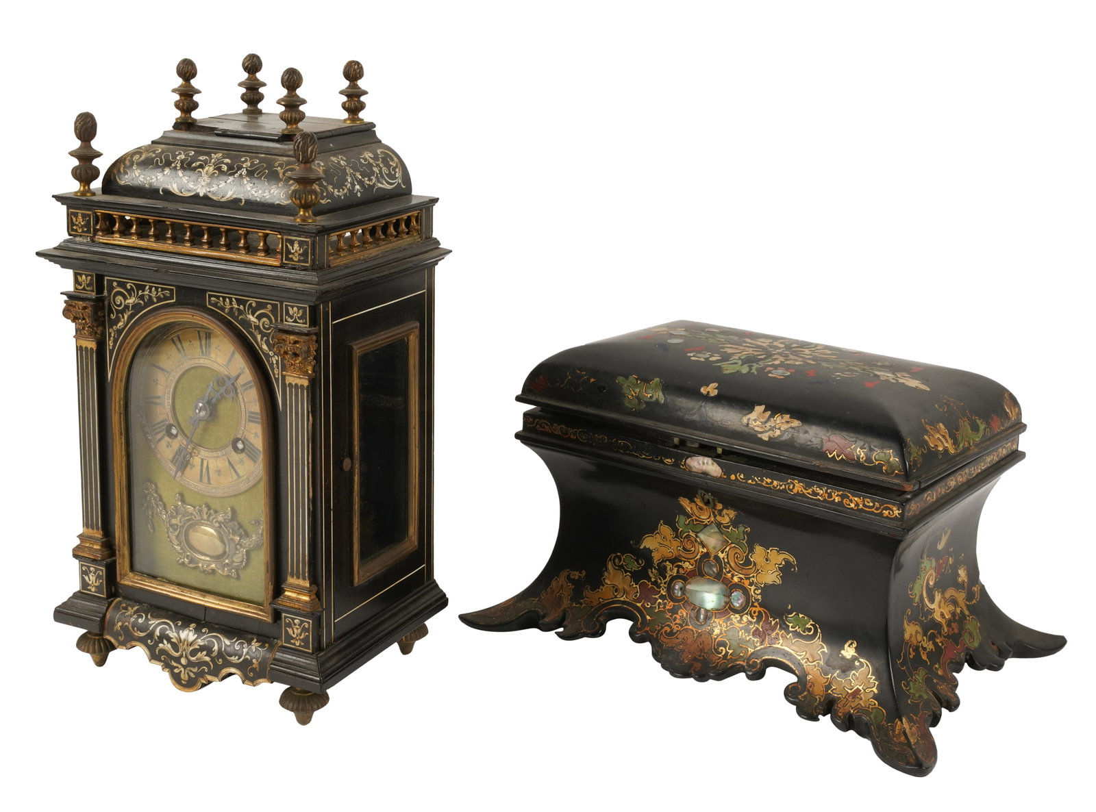 French Shell-Inlaid Mantel Clock and a Tea Caddy: the clock with S> 'Marti pastille to movement (11 x 5 7/8 x 4 1/4 in. (27.9 x 14.9 x 10.8 cm.); the tea caddy marked "[crown] Jennens and Bettridge" to underside 5 3/4 x 9 7/8 x 6 5/8 in. (14.6 x 25.1