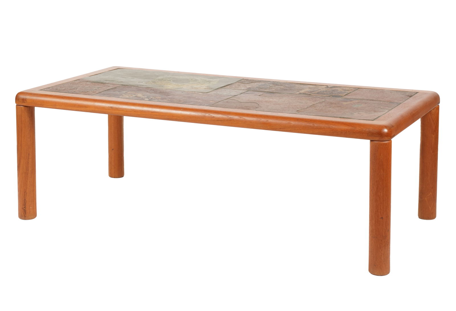 Danish Modern Slate-Inset Teak Coffee Table: Haslev Mobelsnedkeri, Denmark, c. 1970; manufacturer's printed paper label to underside 16 1/4 x 48 x 24 in. (41.3 x 121.9 x 61 cm.)