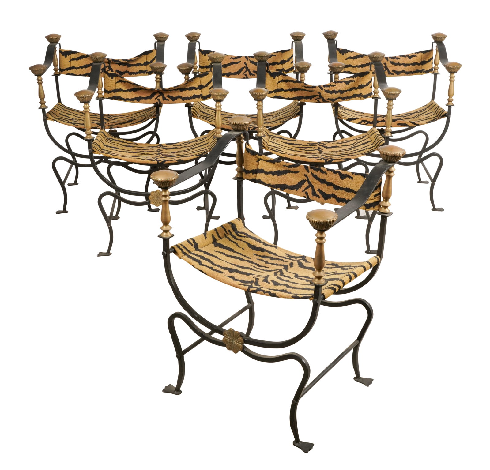 Set of Six Iron and Fabric Curule Chairs: 20th century 30 5/8 x 23 1/4 x 19 in. (77.8 x 59.1 x 48.3 cm.), Seat height: 16 in. (40.6 cm.)