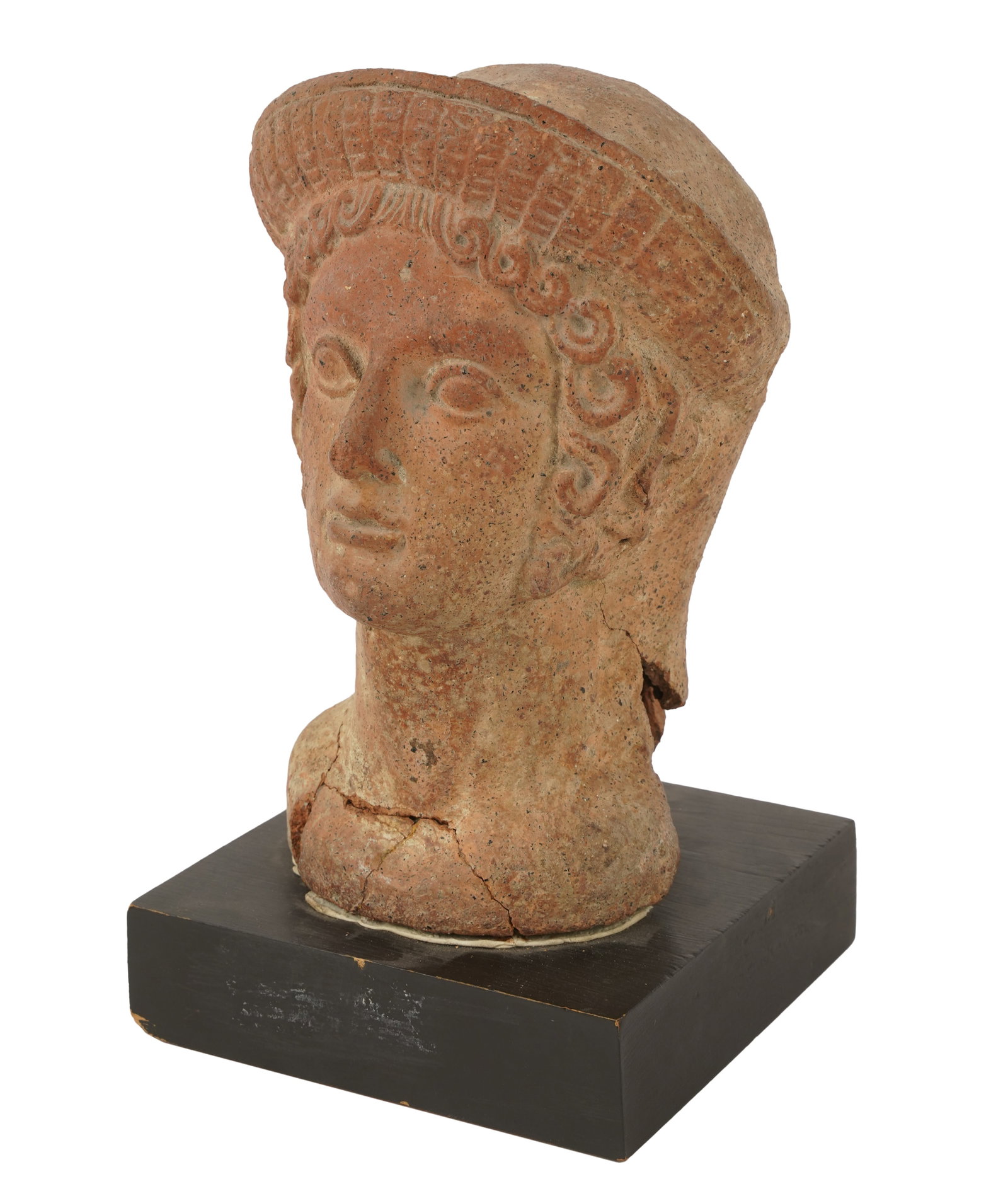 Antique Terracotta Head: set on a wooden base 8 7/8 x 6 1/4 x 6.2 in. (22.5 x 15.9 x 15.9 cm.), Overall: 10 1/4 in. (26 cm.) high