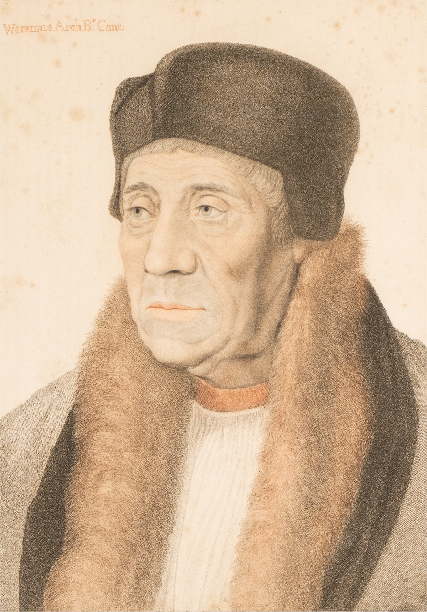 Francesco Bartolozzi After Holbein: William Warham, Archbishop of Canterbury: color stipple engraving on wove paper; published by John Chamberlaine, 1795; printed inscription "Engraved by F. Bartolozzi R.A. Historical Engraver to His Majesty" lower right, "From an Original Draw