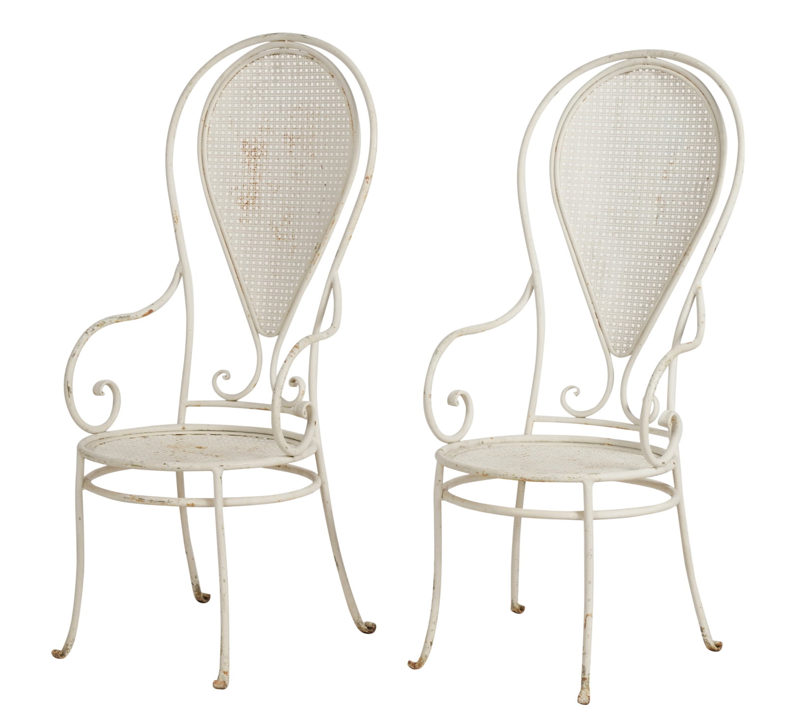 Pair of Vintage White-Painted Metal Patio Chairs: possibly French 49 1/4 x 20 1/4 x 21 in. (125.1 x 51.4 x 53.3 cm.), Seat height: 17 in. (43.2 cm.)