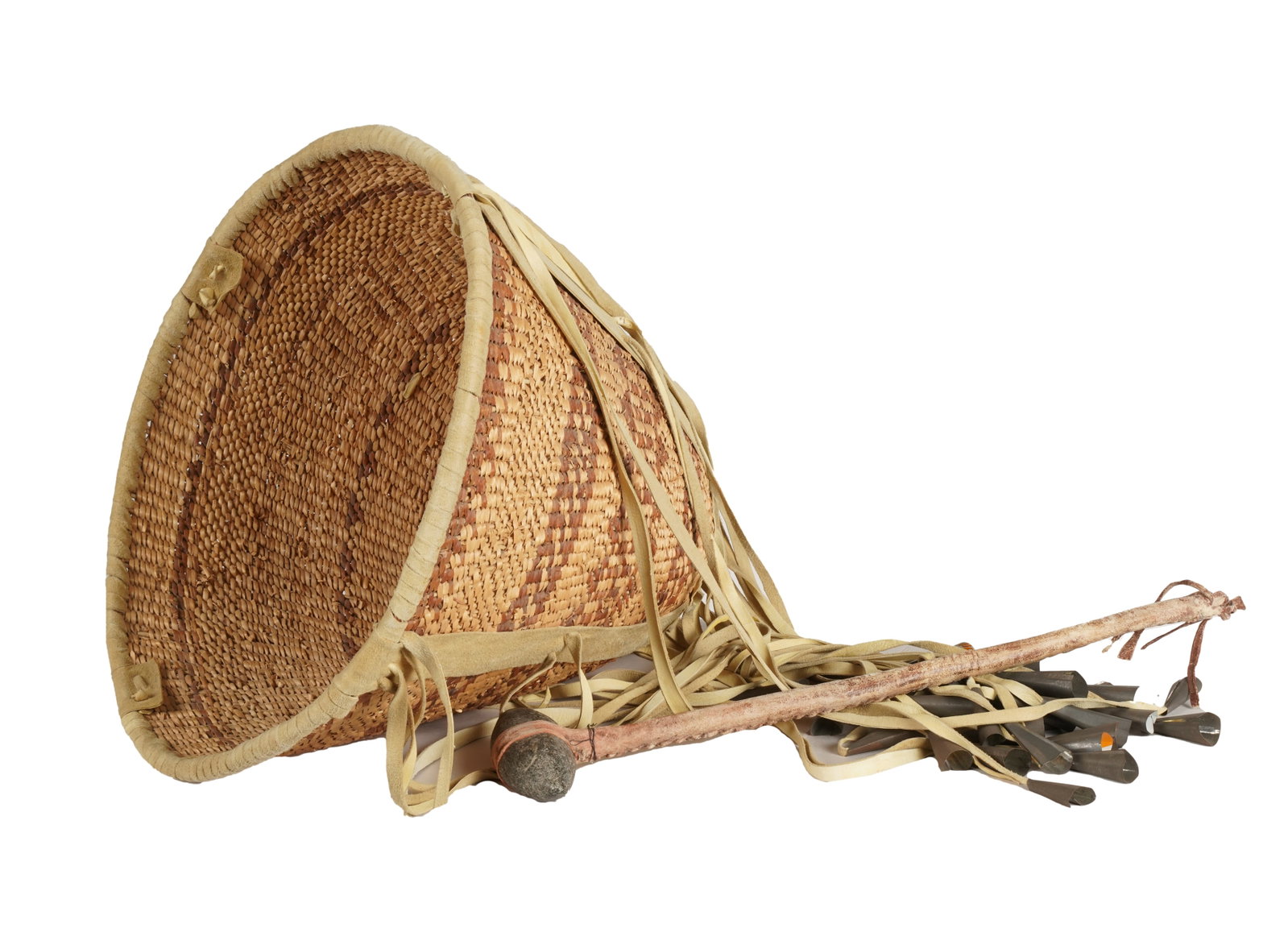 Native American Basket and Axe: Basket: 14 x 17 1/2 in. (35.6 x 44.5 cm.), Axe: 22 in. (55.9 cm.) [2 pieces]
