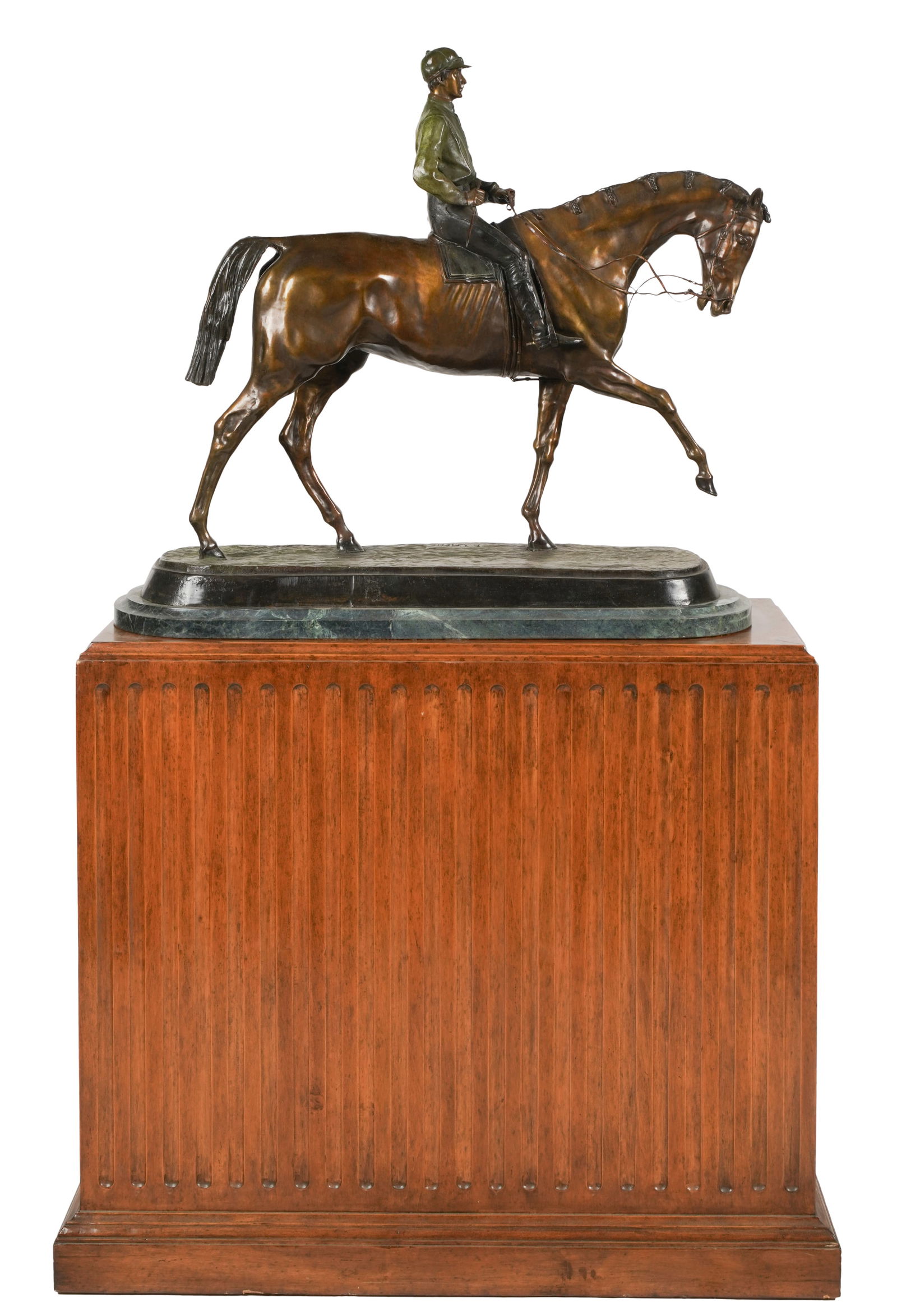 After Pierre-Jules Mene (1810-1879): Jockey a Cheval: bronze with patination in green and various shades of brown, mounted to a verdigris marble plinth; signed "P.J. Mene" to top of integral base (no edition or foundry mark) 27 x 28 x 8 1/2 in. (68.6 x 7
