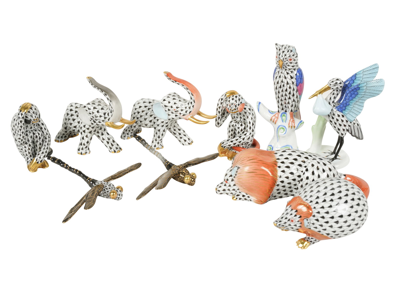 Group of Herend Black Fishnet Porcelain Animal Figurines (1 of 8)