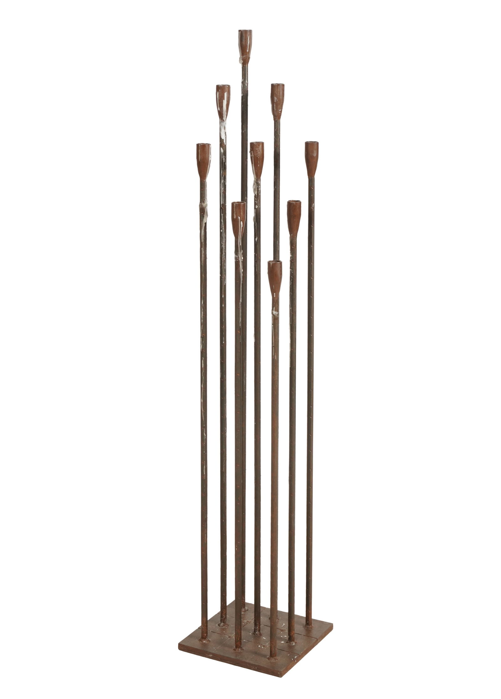 Modernist Patinated Metal Floor Candelabrum: in the style of Harry Bertoia, comprising nine candleholders rising from a square base; unmarked 47 1/4 x 9 x 9 in. (120 x 22.9 x 22.9 cm.)