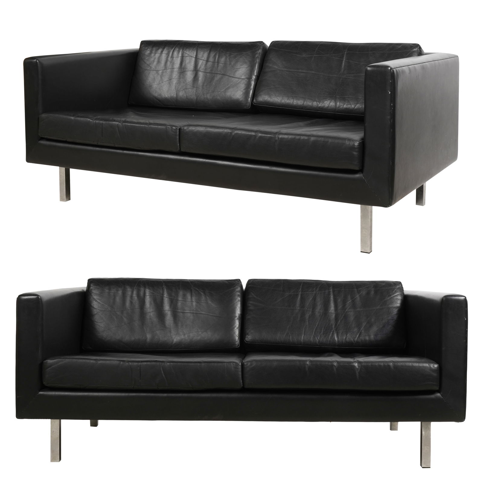 Pair of Kasparian Elena Settees: chrome and black leather; with manufacturer's label 24.2 x 60 x 34 in. (61.6 x 152.4 x 86.4 cm.), seat height: 15 in. (38.1 cm.)
