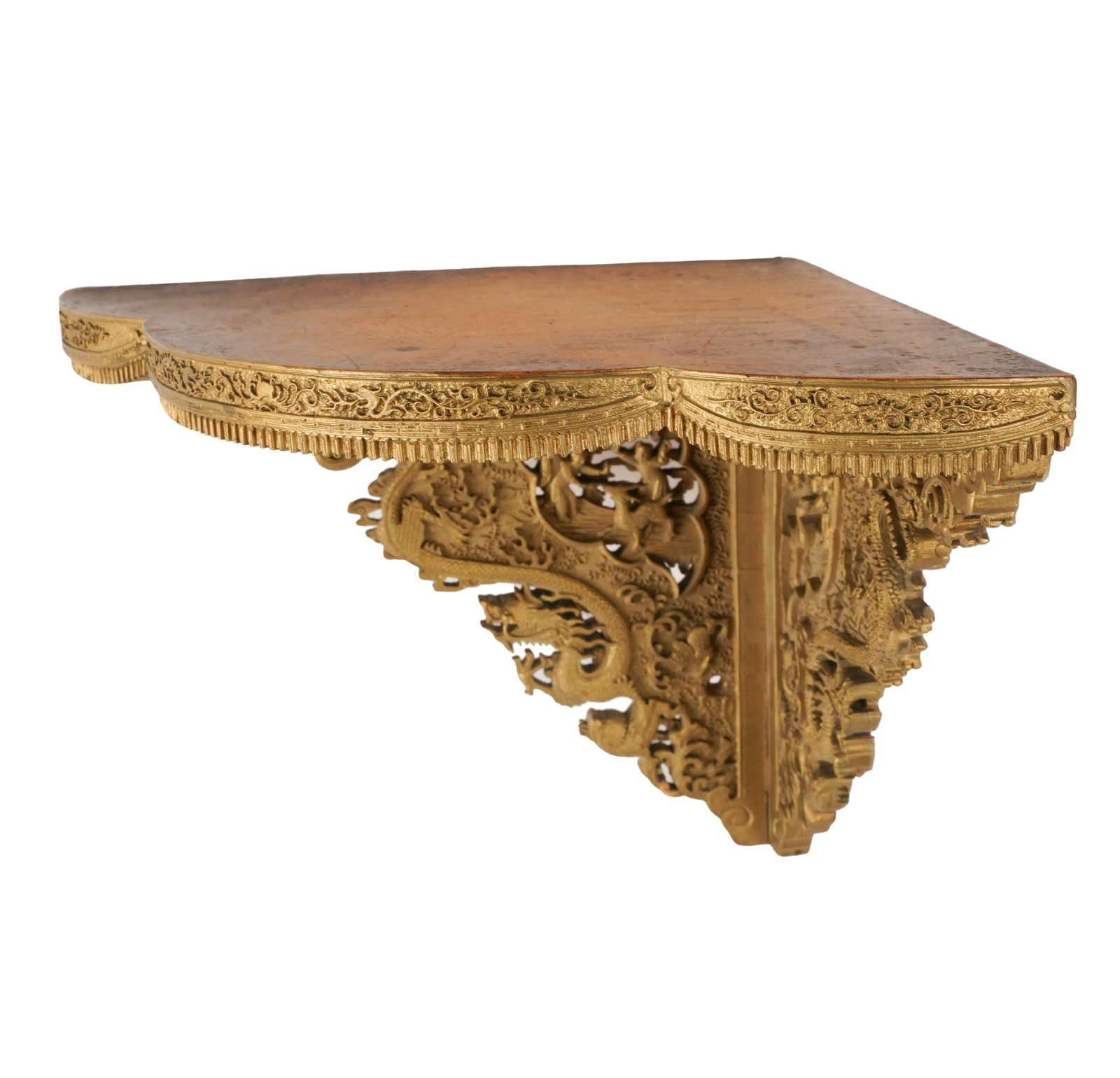 Chinese-Style Giltwood Bracket: carved with dragons, phoenixes and figures 10 1/2 x 16 1/2 x 11 1/2 in. (26.7 x 41.9 x 29.2 cm.)