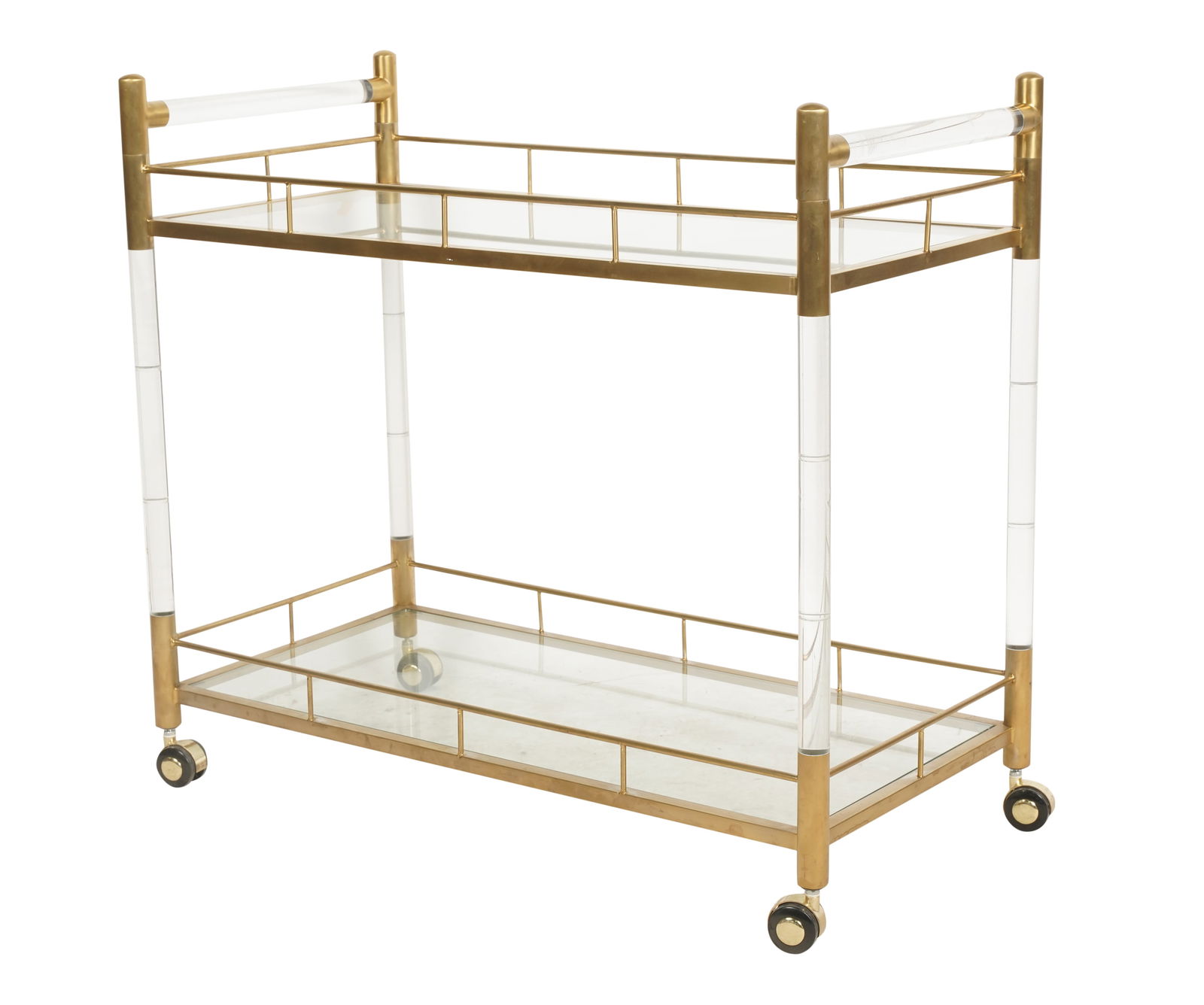 Lucite, Glass and Brass Bar Cart: contemporary; manufacturer unknown 33 1/2 x 37 1/2 x 17 1/2 in. (85.1 x 95.3 x 44.5 cm.)