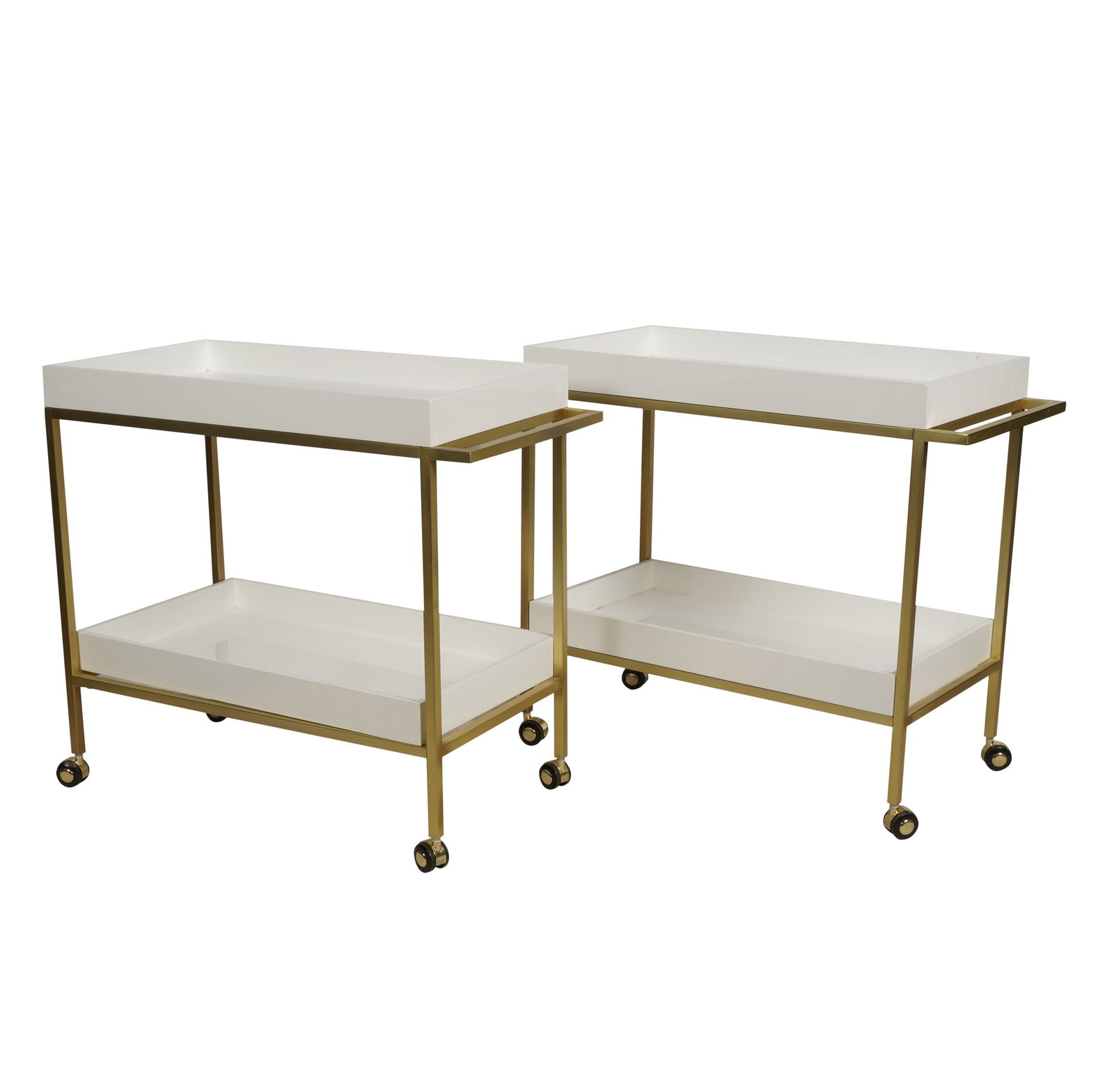 Pair of Brass-Finished Metal Bar Carts: the removable trays of MDF with white gloss finish; with manufacturer's label "Modern Home Furniture" and dated 2014 32 1/2 x 36 x 18 in. (82.6 x 91.4 x 45.7 cm.)