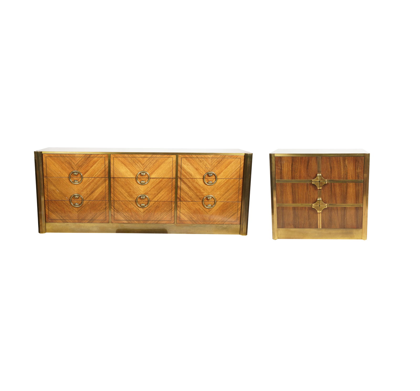 Mastercraft Brass-Mounted Dresser and Nightstand: 1970s; each with manufacturer's label Dresser: 31 x 80 x 20 in. (78.7 x 203.2 x 50.8 cm.), Nightstand: 30 1/2 x 33 x 20 in. (77.5 x 83.8 x 50.8 cm.)