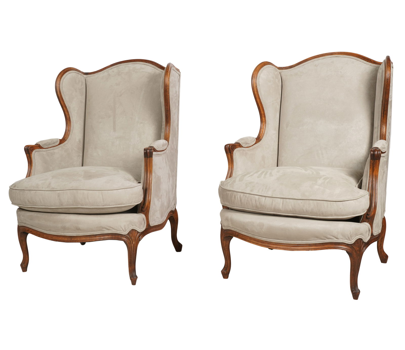 Pair of Vintage Wingback Chairs: covered in light green faux suede fabric 42 x 31 x 31 in. (106.7 x 78.7 x 78.7 cm.), Seat height: 19 in. (48.3 cm.)