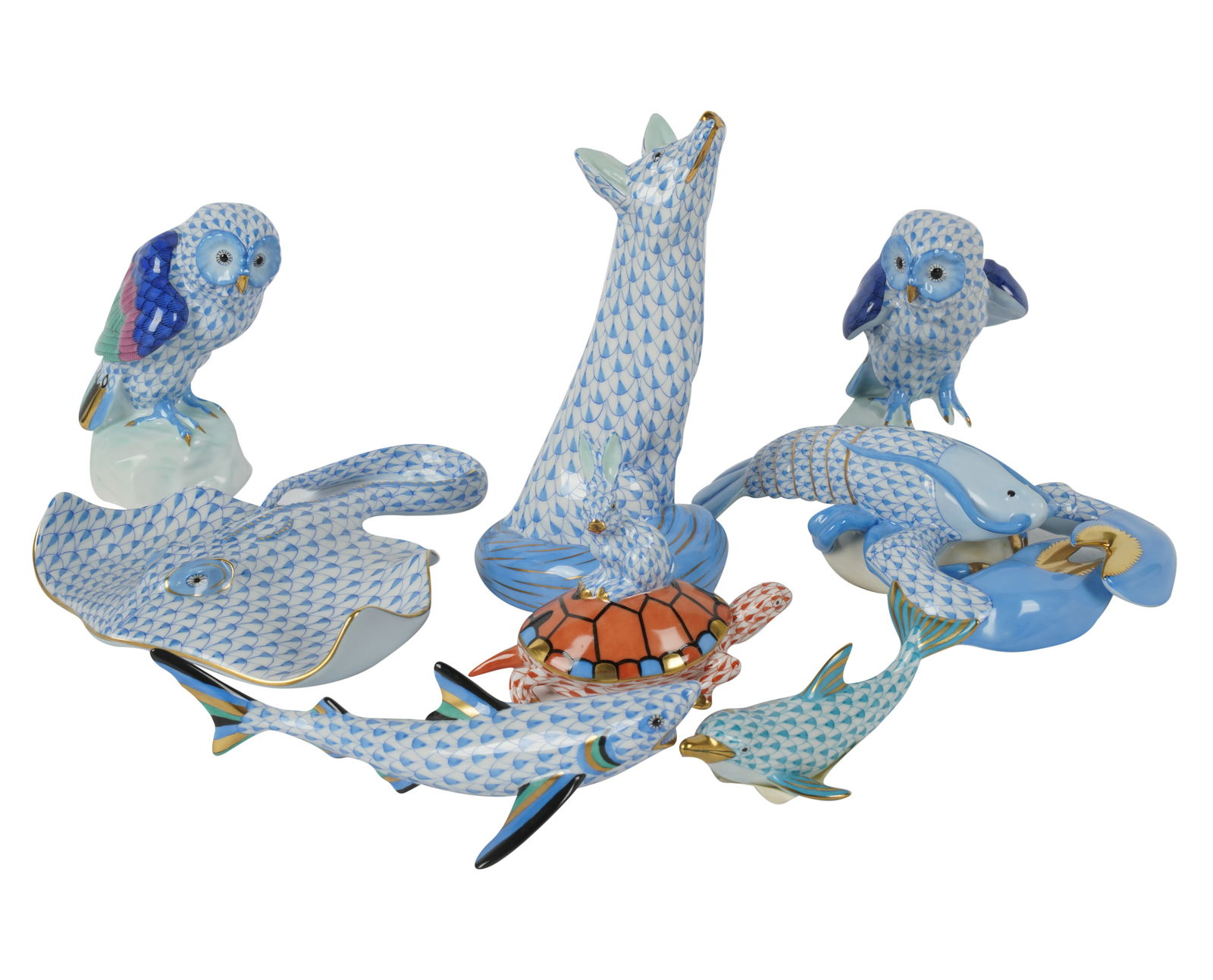 Group of Eight Herend Blue Fishnet Porcelain Animal Figures (1 of 11)