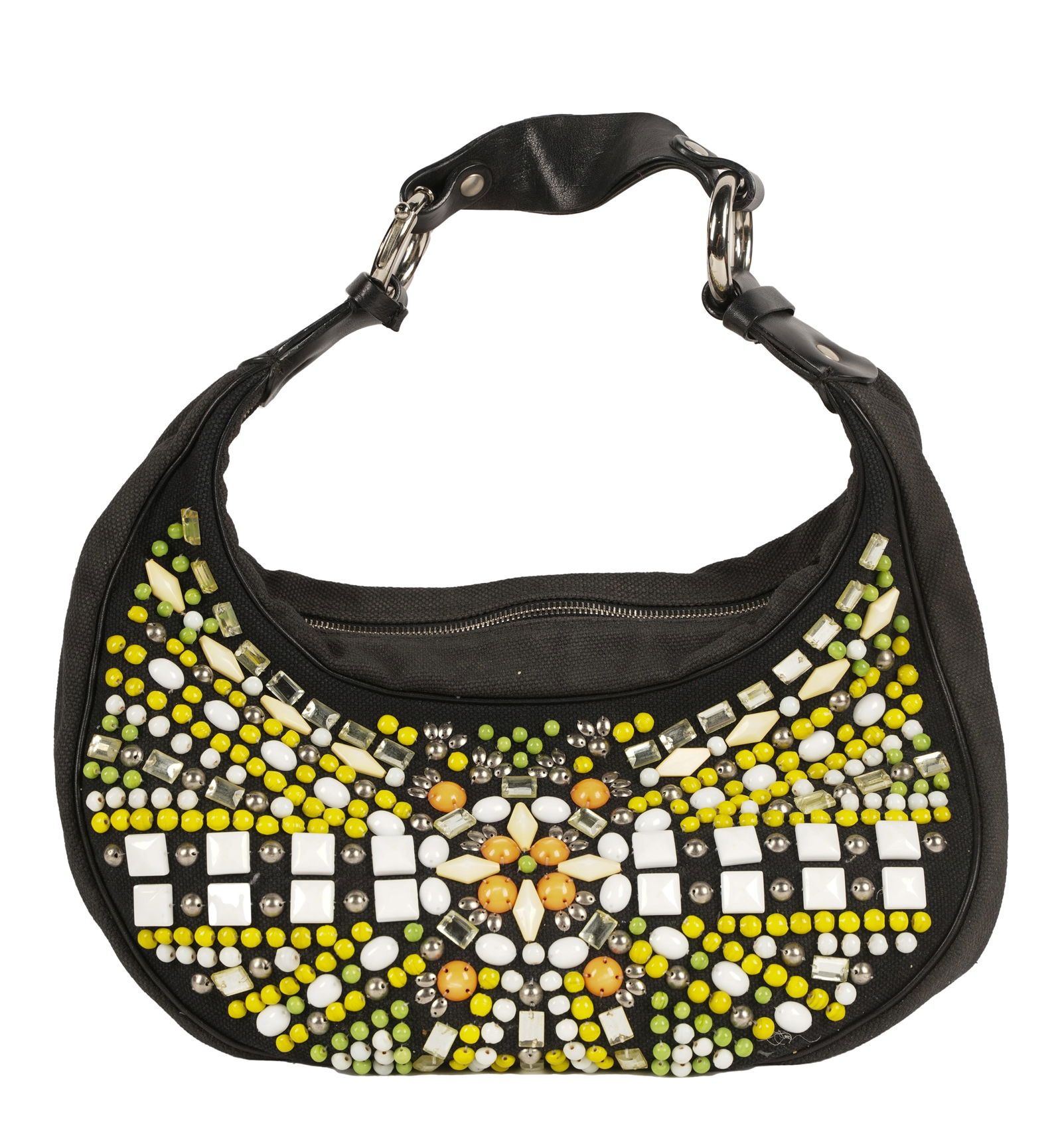Chloe Beaded Black Fabric Shoulder Bag: with black leather strap Excluding strap: 13 x 15 x 3 1/2 in. (33 x 38.1 x 8.9 cm.), Drop: 10 in. (25.4 cm.)