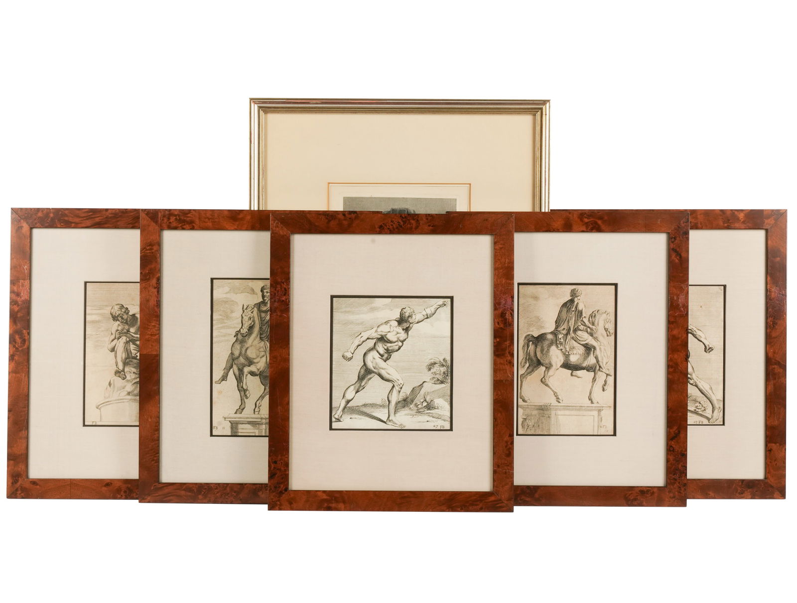 Collection of Engravings: comprising Nicolas Edelinck after Raphael, "Portrait du Comte Balthasar Castiglioni" (Plate: 9 3/4 x 7 in., Sight: 10 1/2 x 7 1/2 in., Frame: 23 1/4 x 17 1/2 in.); and five depicting equestrian statue