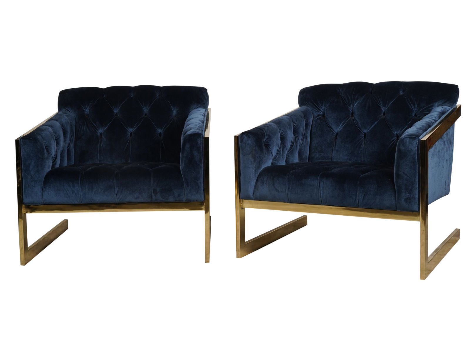 Pair of Modernist Blue Upholstered Brass Lounge Chairs (1 of 11)