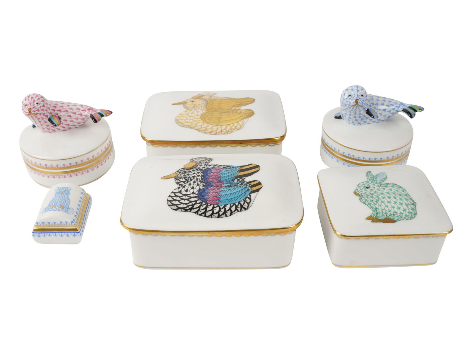 Group of Six Herend Fishnet Porcelain Covered Boxes (1 of 9)