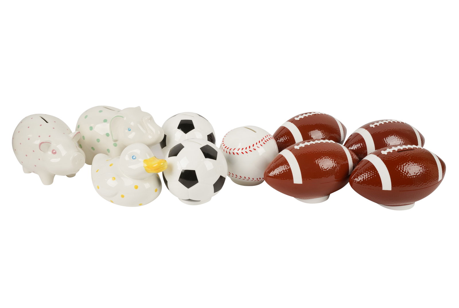 Collection of Tiffany and Co. Porcelain Coin Banks: comprising one duck (4 1/2 in. high), one pig (5 in. high), one elephant (8 1/2 in. wide), two soccer balls (4 1/2 in. high), four footballs (8 1/2 in. wide) and one baseball (4 1/2 in. high); each ma