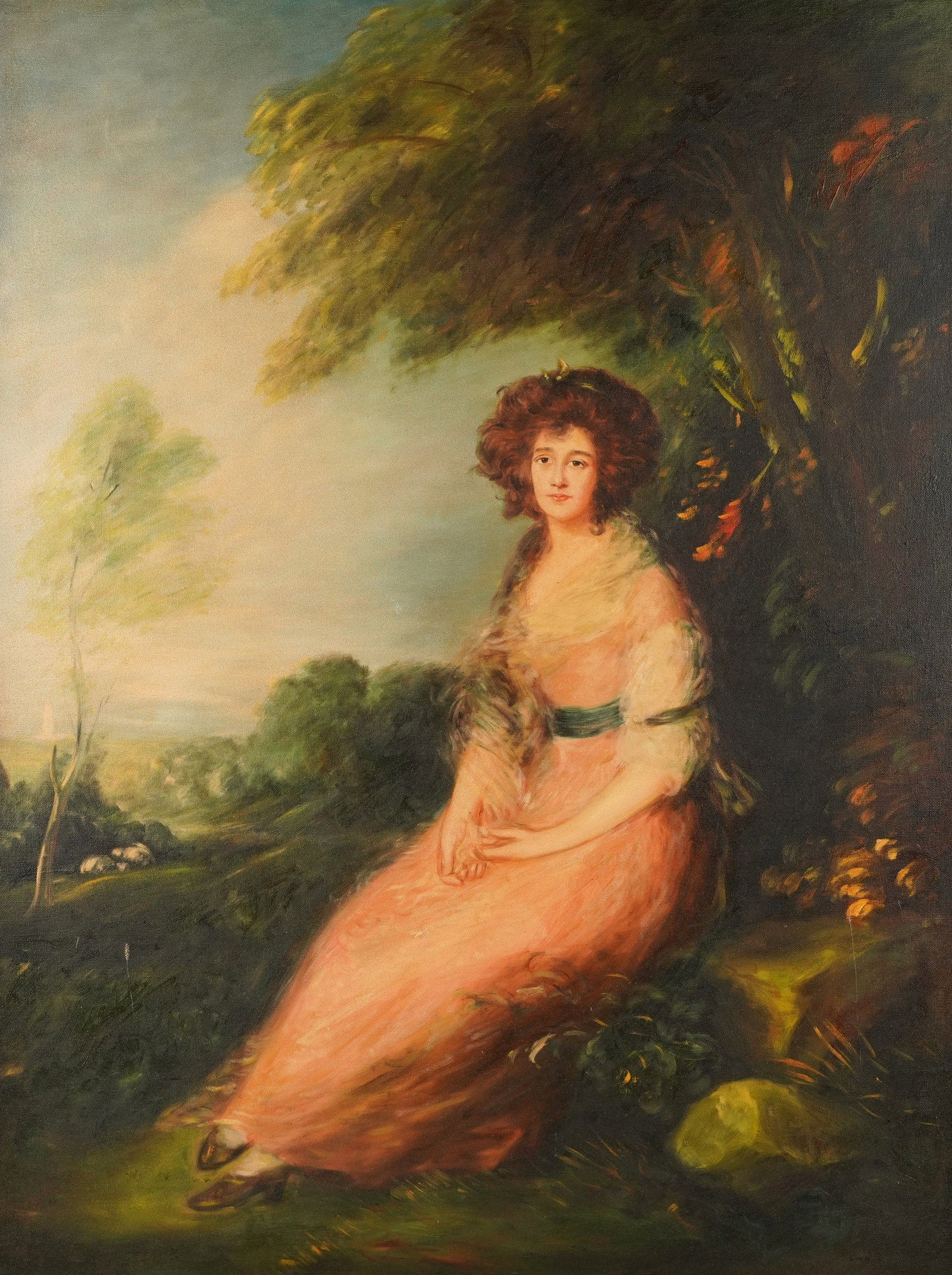 After Thomas Gainsborough (1727-1788): Mrs. Richard Brinsley Sheridan: oil on canvas; late 20th/21st century; signed "CMA Y" lower right 40 x 30 in. (101.6 x 76.2 cm.), Frame: 48 1/4 x 38 1/2 in. (122.6 x 97.8 cm.)