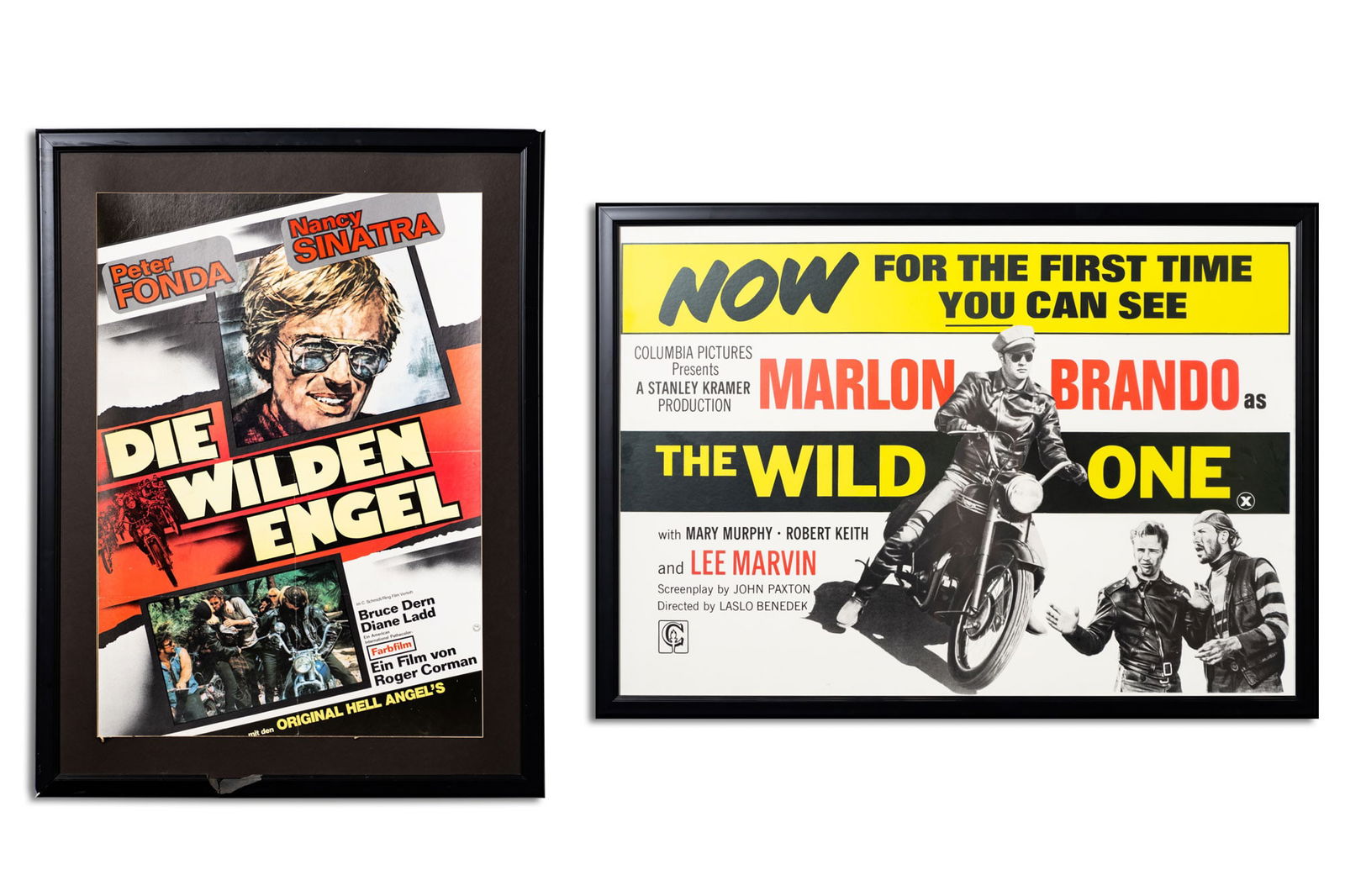 Die Wilden Engel and The Wild One Original Movie Posters: each framed, Die Wilden Engel with missing glass front and damaged frame, The Wild One with glass front The Wild One: 30 x 41 1/2 in. (76.2 x 105.4 cm.), Die Wilden Engel: 40 x 30 1/4 in. (101.6 x 76.