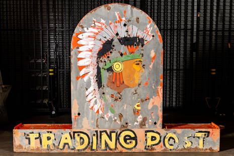 Native American Trading Post Double-Sided Neon Sign: not in working condition, with heavy paint loss, 75 1/2 x 111 x 12 1/2 in. (191.8 x 281.9 x 31.8 cm.) Provenance: The Private Collection of Robin Chretien, founder of Robin's Jean