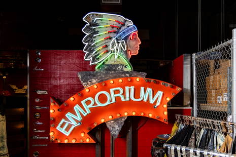 Vintage Emporium Chief Head Multi-Color Neon Sign: painted metal sign with neon lights and flashing bulbs 68 x 70 x 12 in. (172.7 x 177.8 x 30.5 cm.) Provenance: The Private Collection of Robin Chretien, founder of Robin's Jean