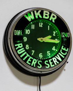 Glo-dial WKBR Ruiter's Service Advertising Wall Clock: with Underwriters Laboratories Inc. and Glo-dial Company label, 22 x 22 x 5 3/4 in. (55.9 x 55.9 x 14.6 cm.) Provenance: The Private Collection of Robin Chretien, founder of Robin's Jean