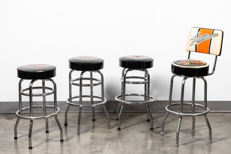 Four Harley-Davidson Bar Stools: three Harley-Davidson Classic Bar & Shield Logo Bar Stool with official label underside and bar stool with backrest, with Richardson Seating Corp. label underside stool: 28 1/4 x 16 1/2 x 16 1/2 in. (