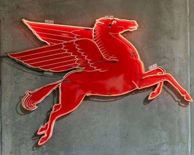 Vintage Pegasus Mobil Enamel Neon Sign: late 50's/early 60s era, single-sided enamel and neon sign, right facing, in working order, fluorescent lights flicker slightly when on, with electrical box and outlet 70 x 102 x 5 in. (177.8 x 259.1