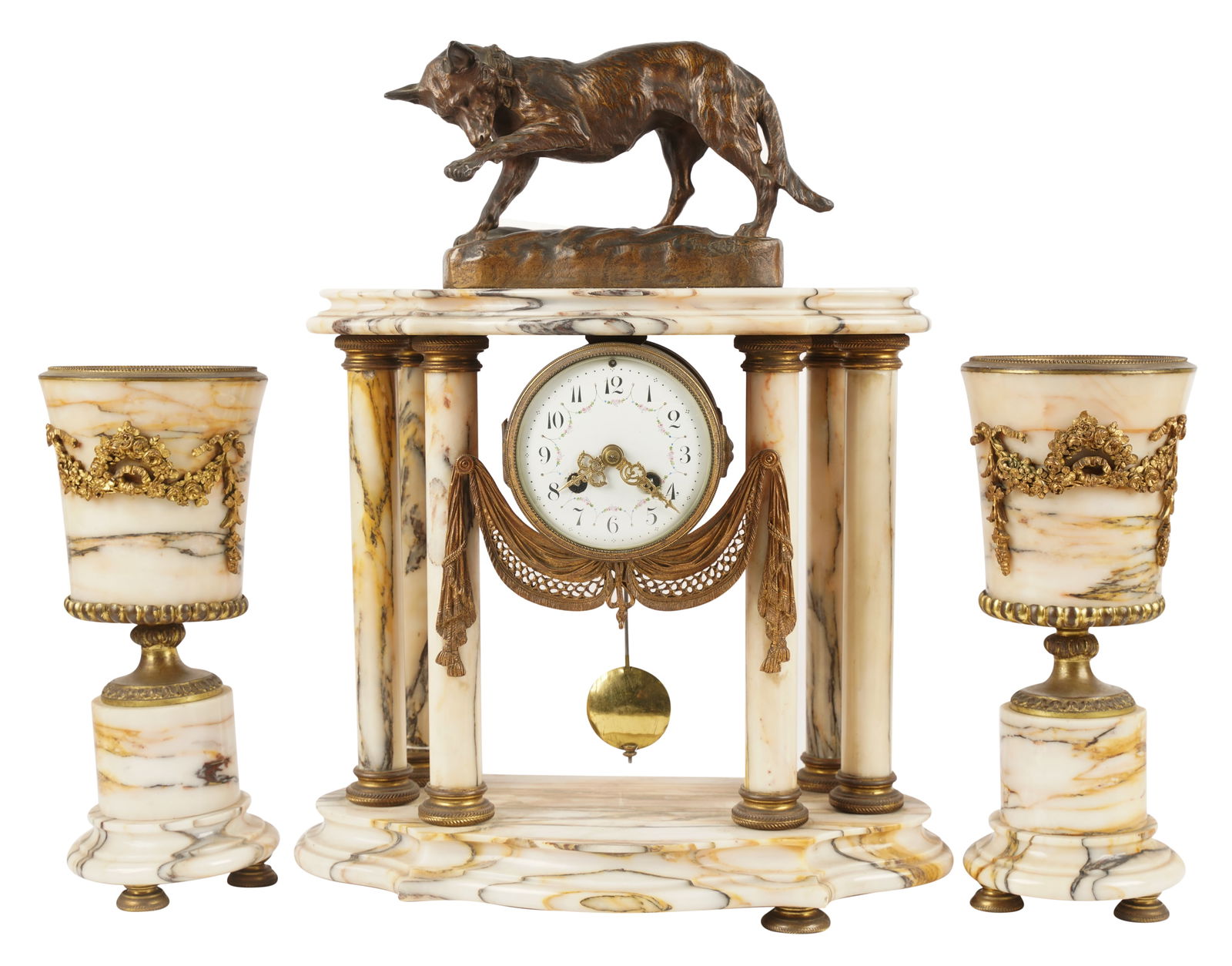 Three-Piece Clock Garniture: the clock mounted with a figure of a German shepherd by Thomas Cartier (1879-1973), signed in casting; the dial and movement unsigned, the movement stamped "67260" Clock: 19 x 16 x 8 in. (48.3 x 40.6
