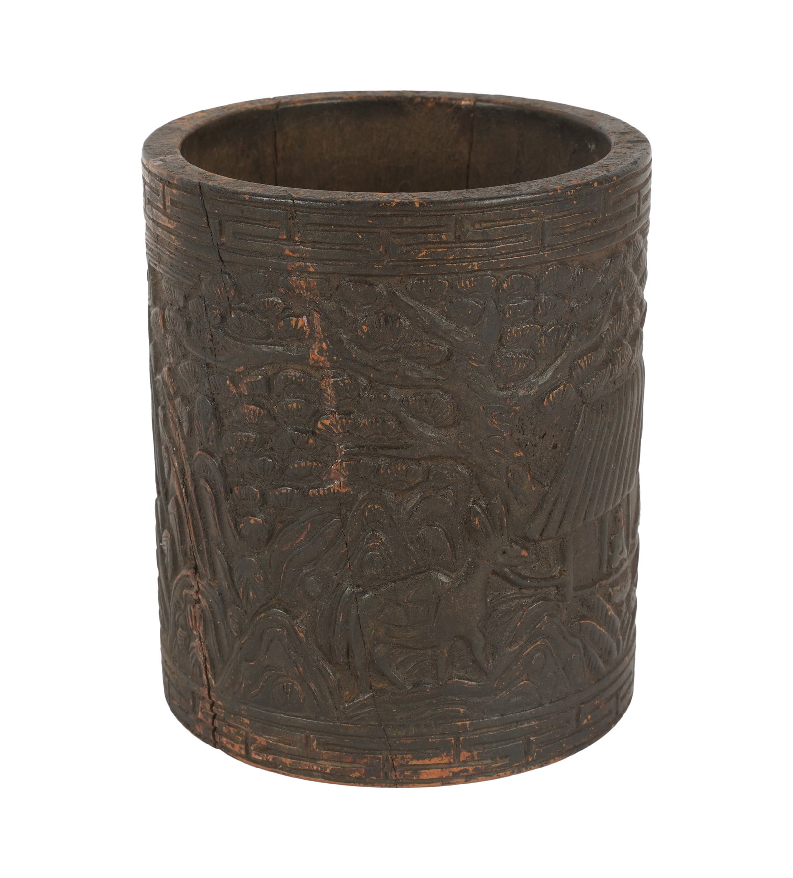 Asian Carved Hardwood Brush Holder: with landscape design 5 x 4 1/4 in. (12.7 x 10.8 cm.)